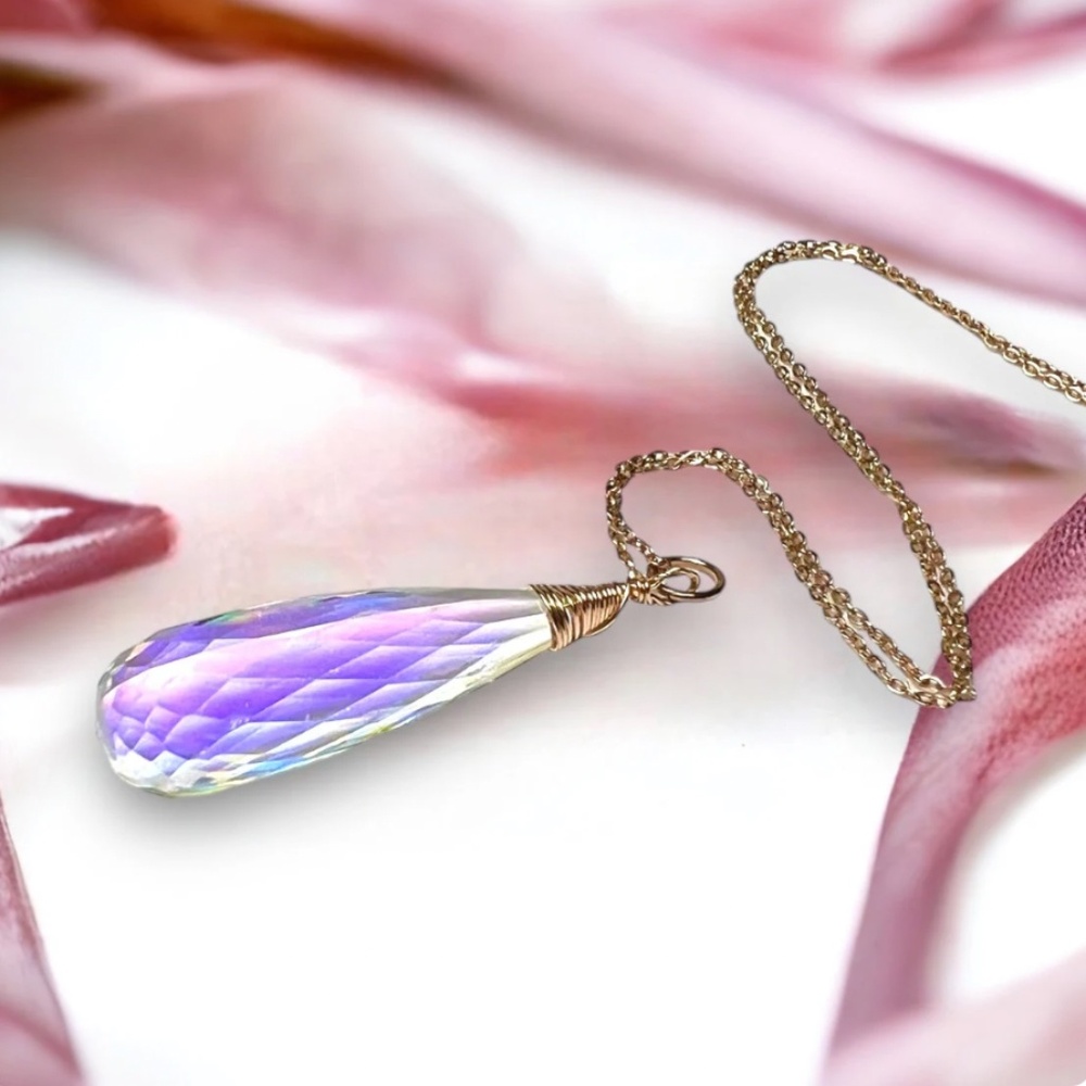 New Rainbow Moonstone Briolette Pendant 14k Rose Gold Filled